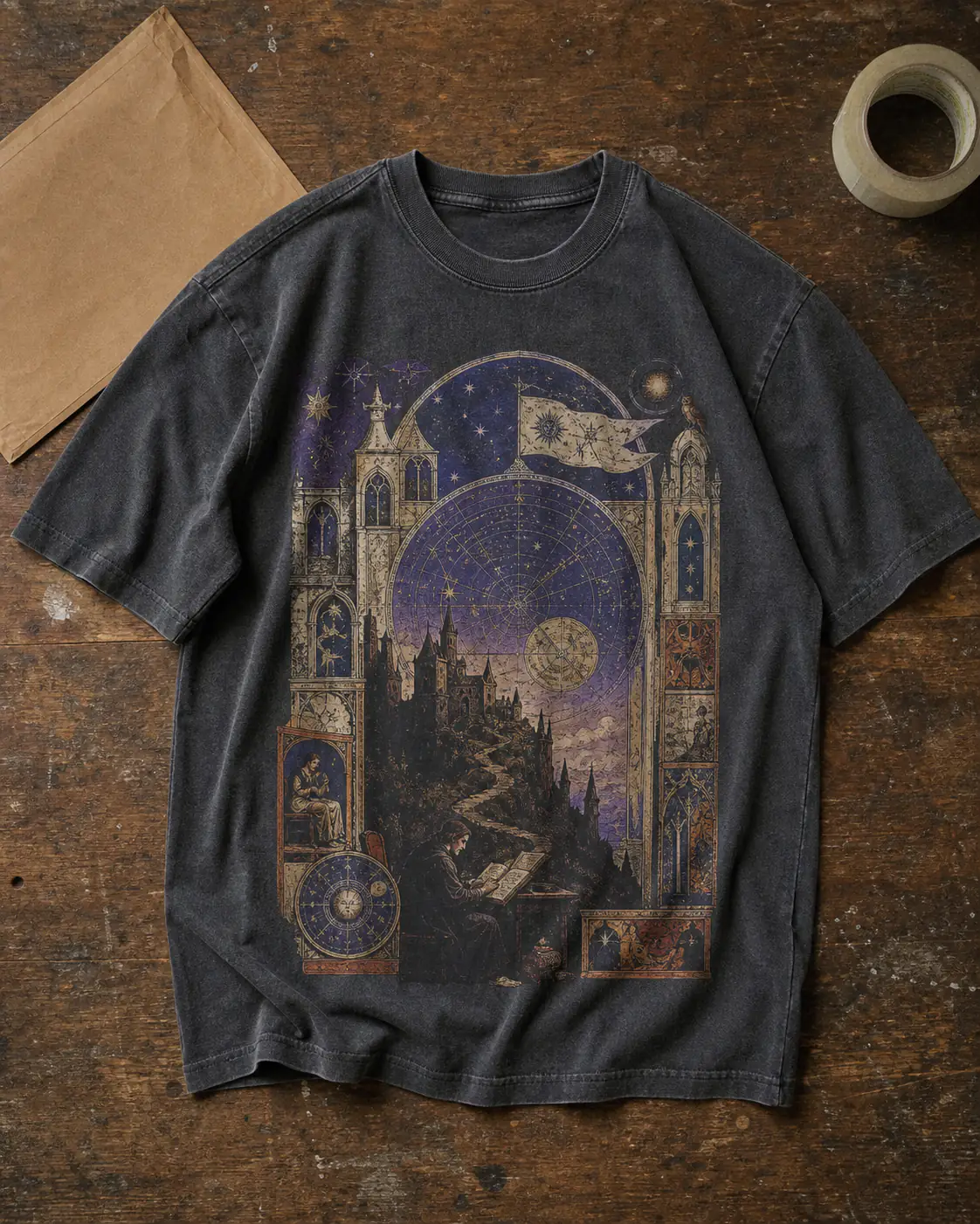 Washed black T-shirt with a detailed full-color astronomical DTF print