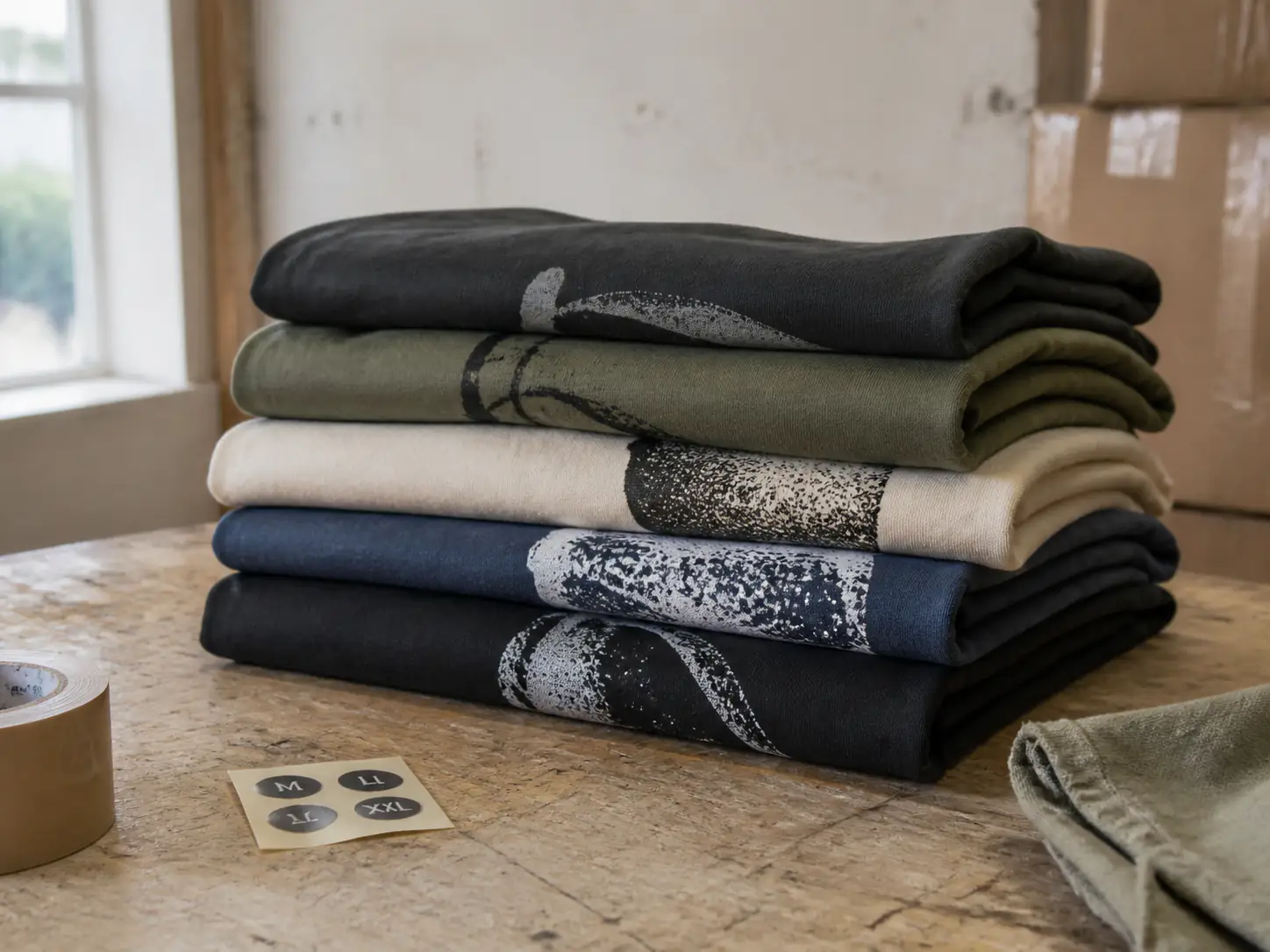 Folded screen-printed T-shirts stacked on a worn production table