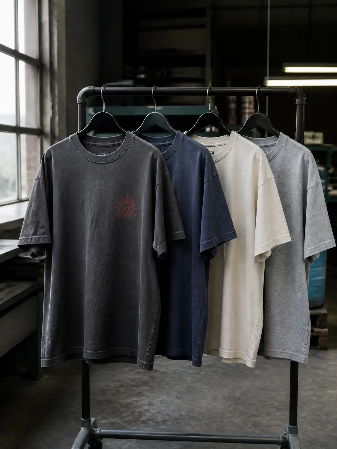 Finished printed T-shirts hanging on a garment rack in the studio